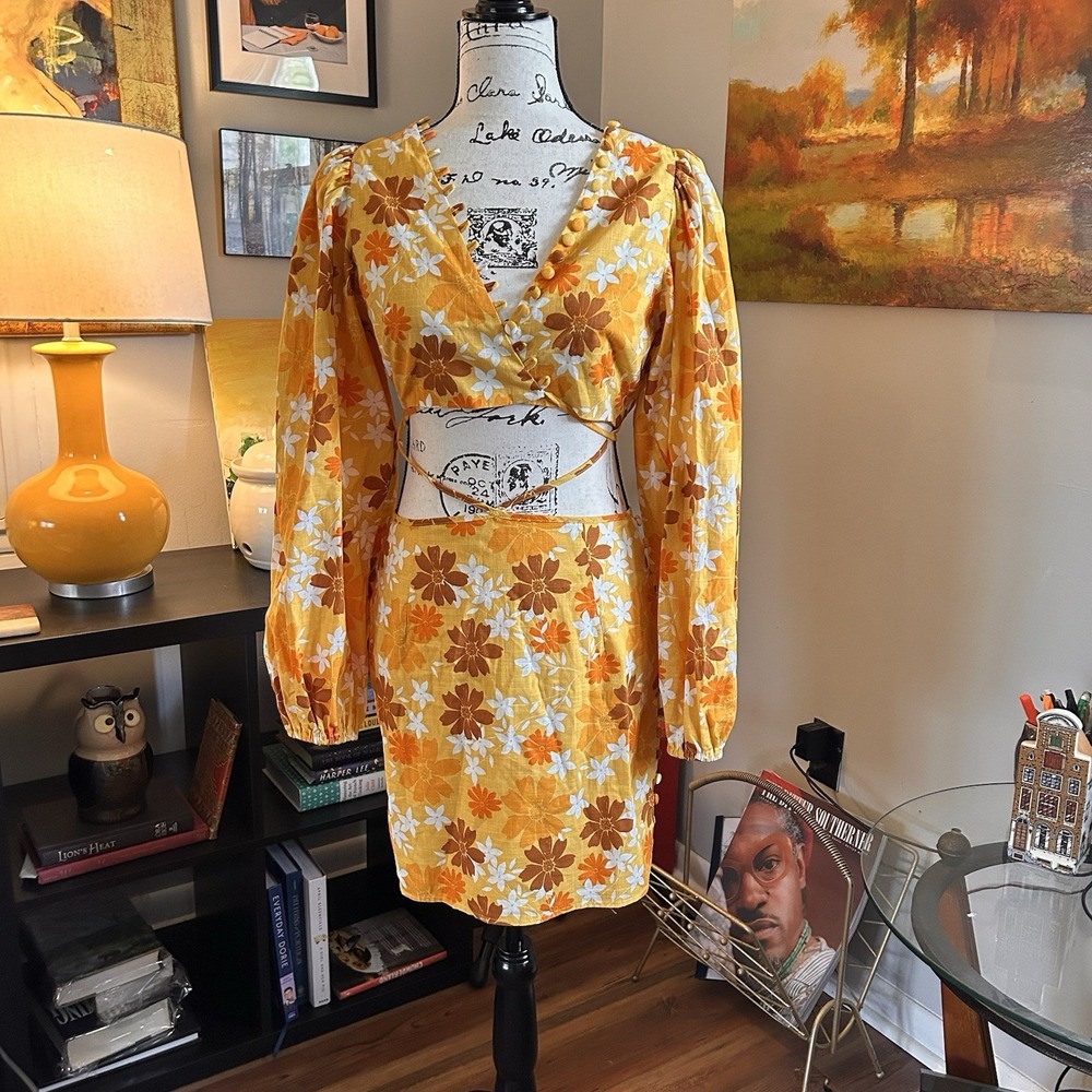 Sabo Skirt Womens Yellow Floral Cutout Mini Dress Long Puff Sleeve Cotton Size M